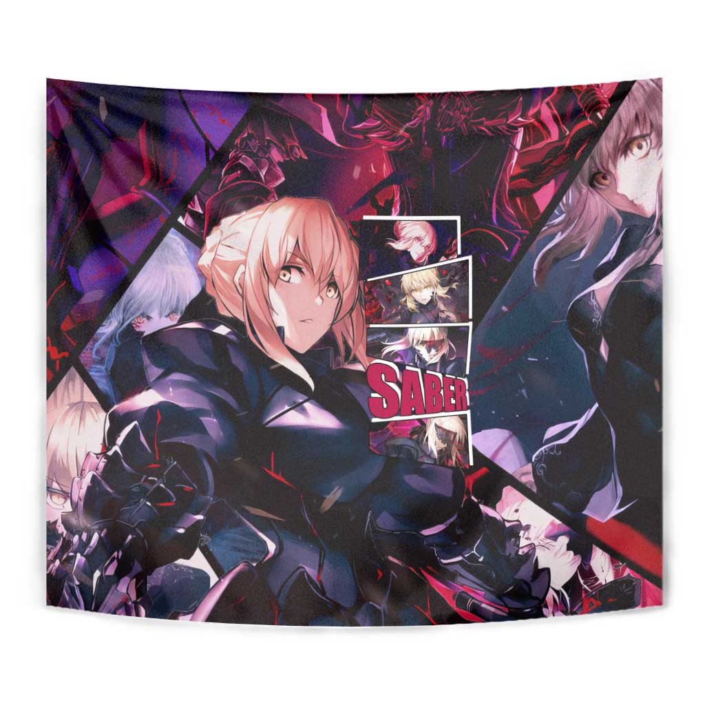 Saber Artoria Pendragon Dark Armor Theme Tapestry with Red and Purple Abstract Background Design - The Mazicc