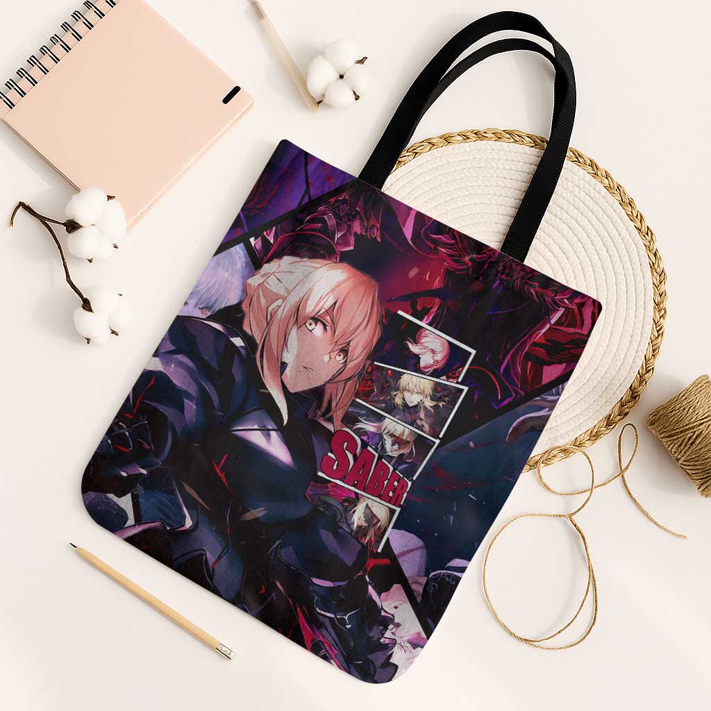 Saber Artoria Pendragon Dark Armor Theme Tote Bag with Red and Purple Abstract Background Design - The Mazicc