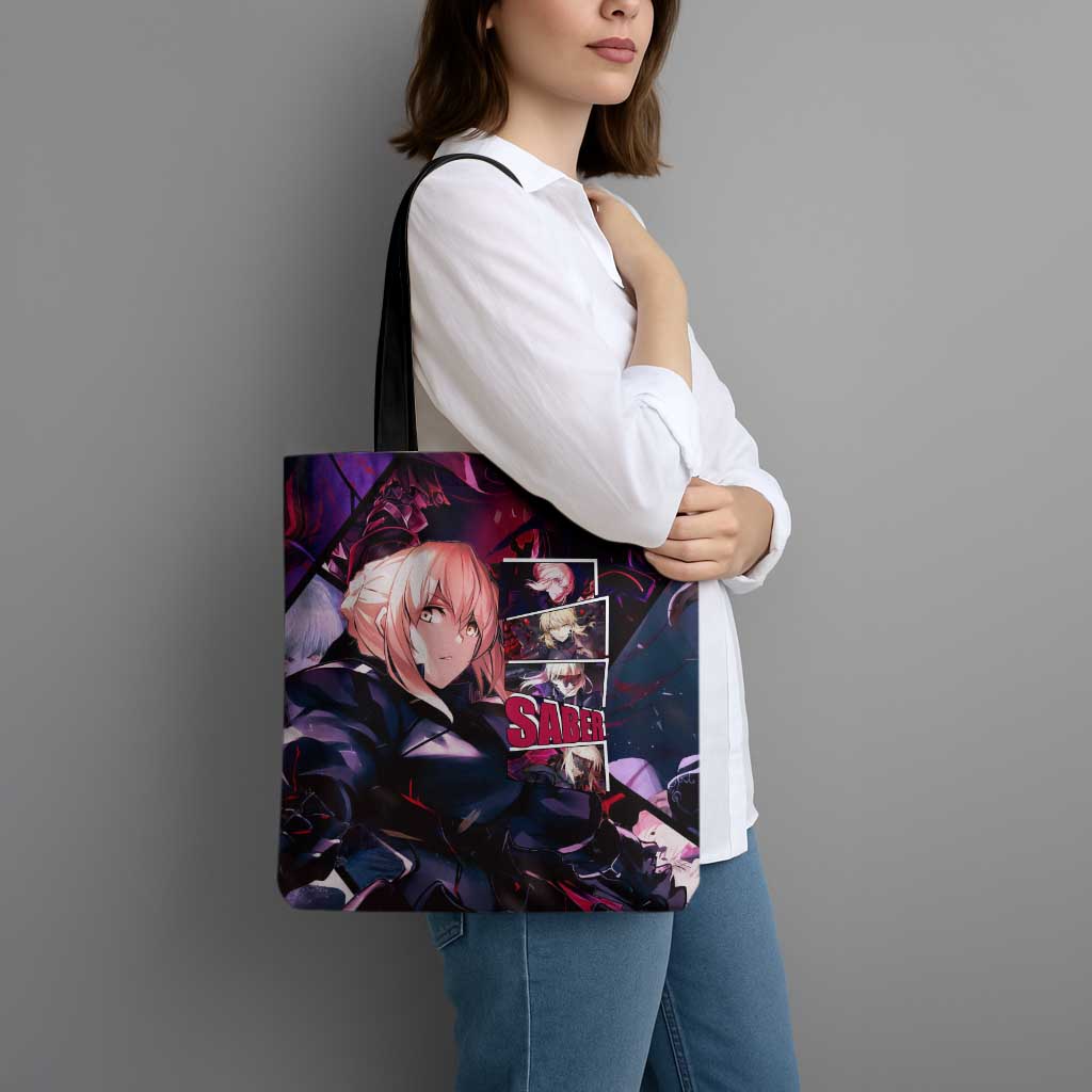 Saber Artoria Pendragon Dark Armor Theme Tote Bag with Red and Purple Abstract Background Design - The Mazicc