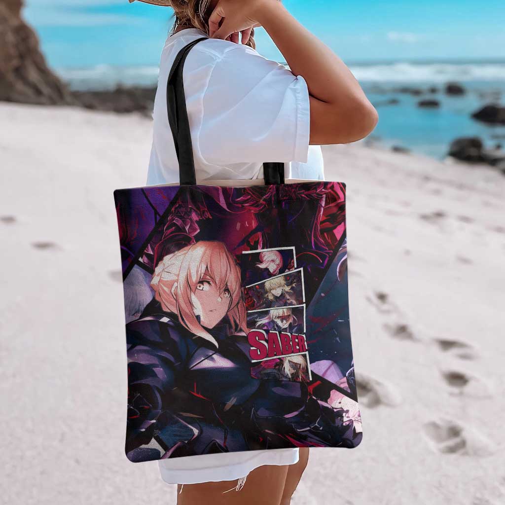 Saber Artoria Pendragon Dark Armor Theme Tote Bag with Red and Purple Abstract Background Design - The Mazicc