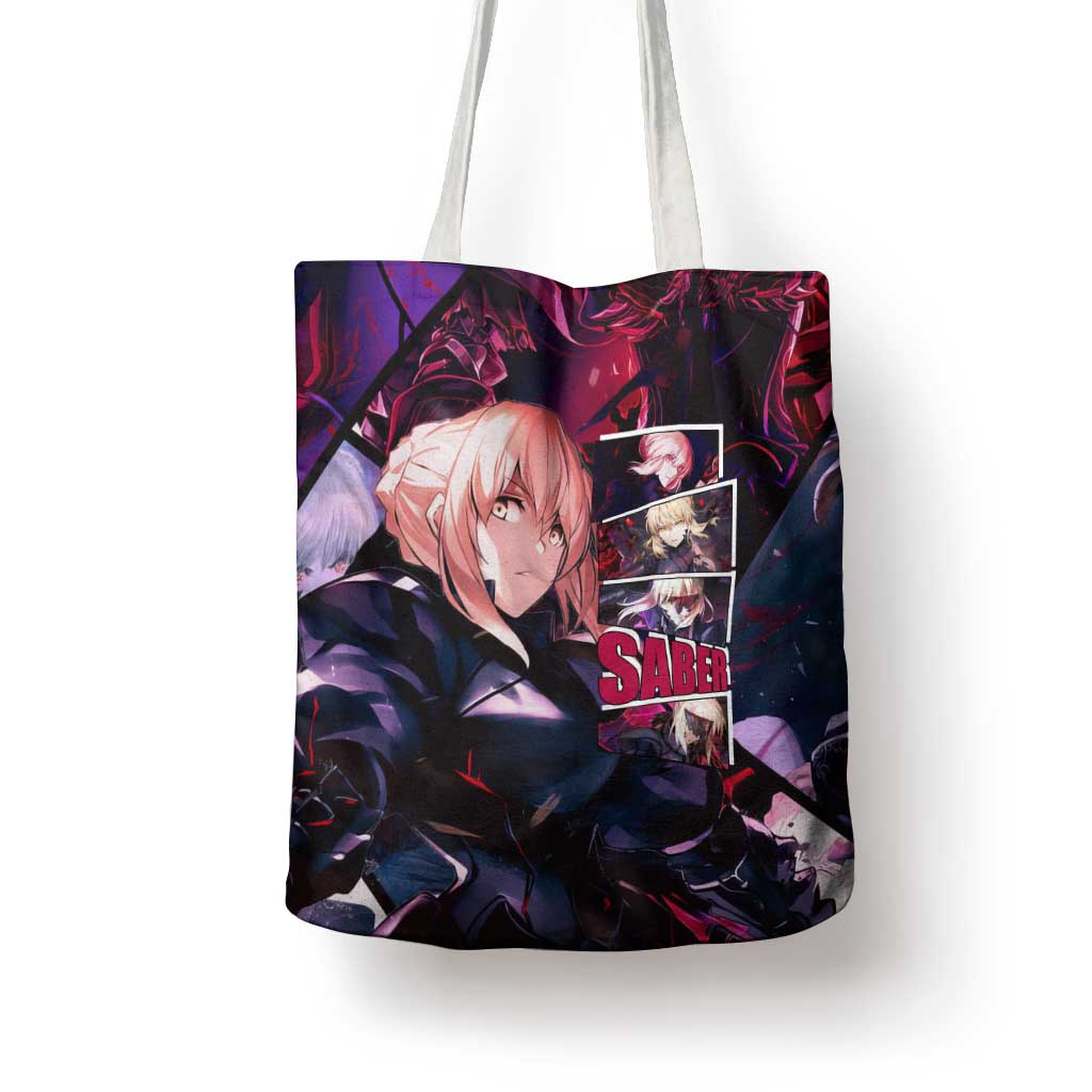 Saber Artoria Pendragon Dark Armor Theme Tote Bag with Red and Purple Abstract Background Design - The Mazicc