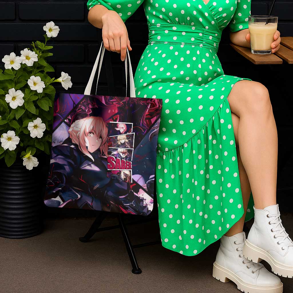 Saber Artoria Pendragon Dark Armor Theme Tote Bag with Red and Purple Abstract Background Design - The Mazicc