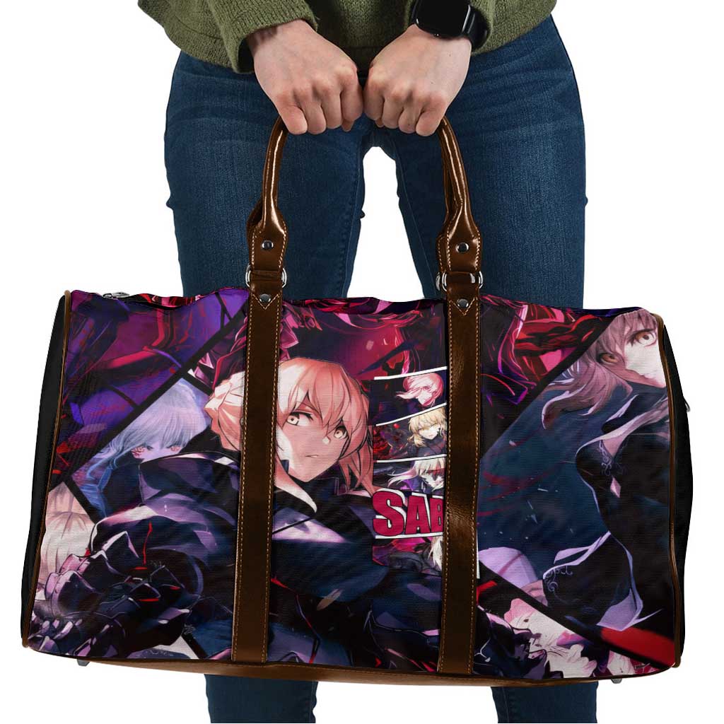 Saber Artoria Pendragon Dark Armor Theme Travel Bag with Red and Purple Abstract Background Design - The Mazicc