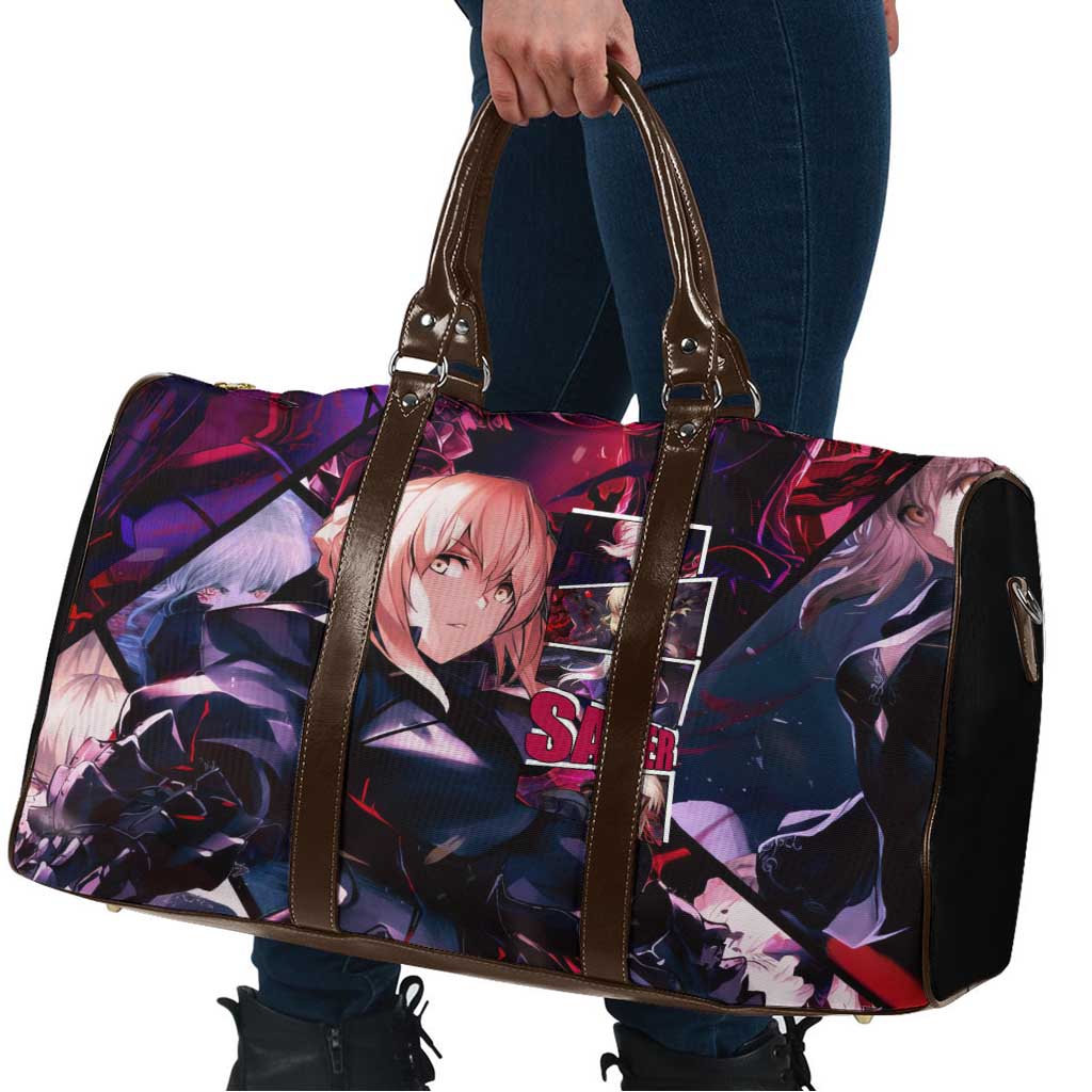 Saber Artoria Pendragon Dark Armor Theme Travel Bag with Red and Purple Abstract Background Design - The Mazicc