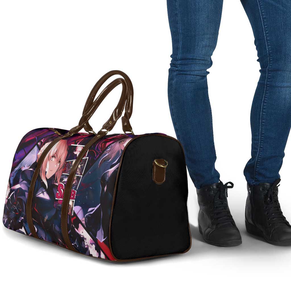 Saber Artoria Pendragon Dark Armor Theme Travel Bag with Red and Purple Abstract Background Design - The Mazicc