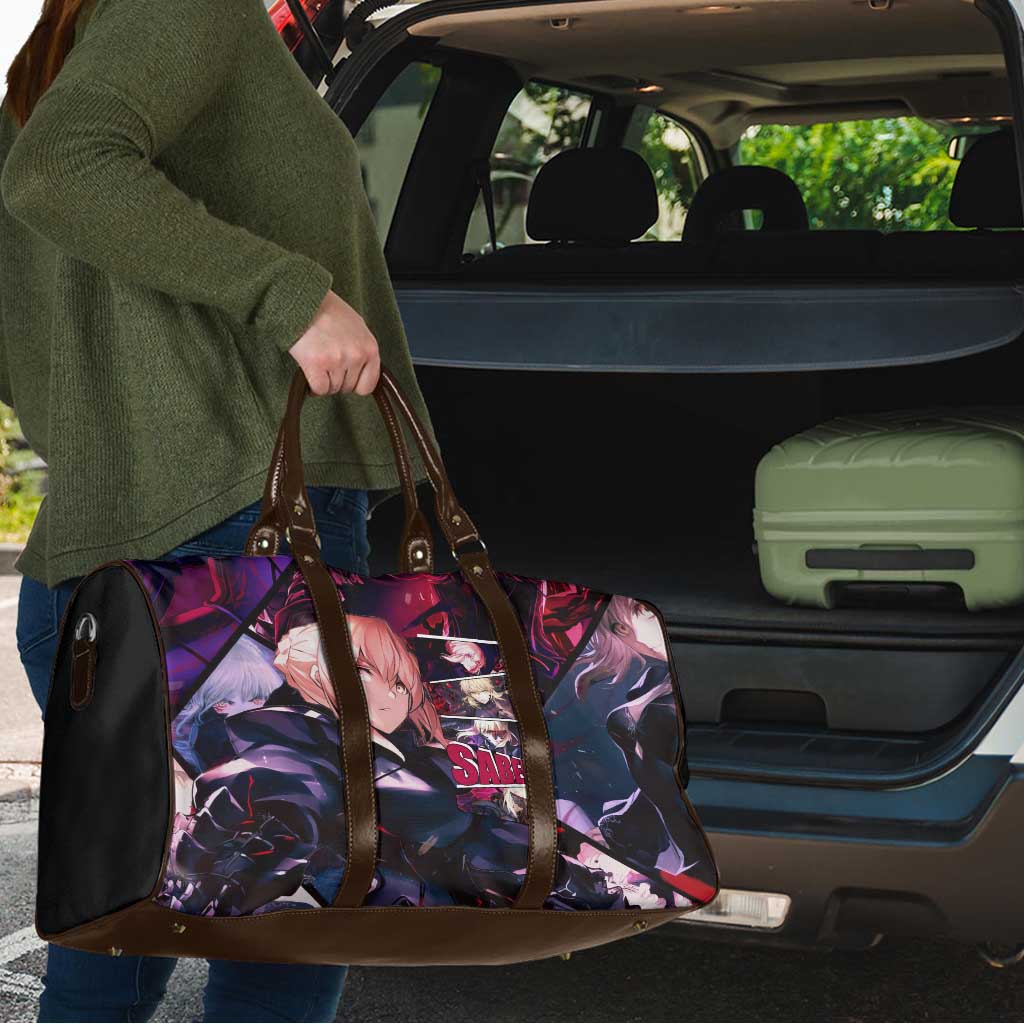 Saber Artoria Pendragon Dark Armor Theme Travel Bag with Red and Purple Abstract Background Design - The Mazicc