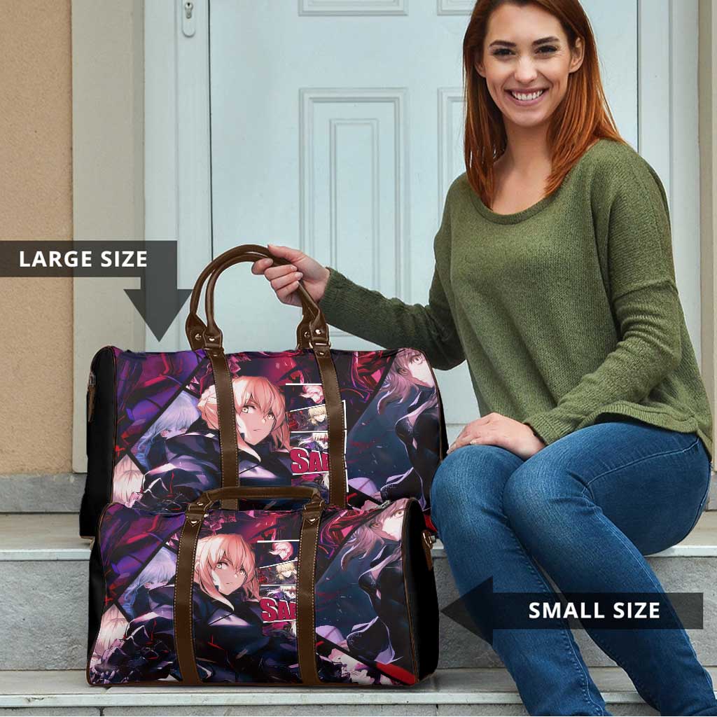 Saber Artoria Pendragon Dark Armor Theme Travel Bag with Red and Purple Abstract Background Design - The Mazicc