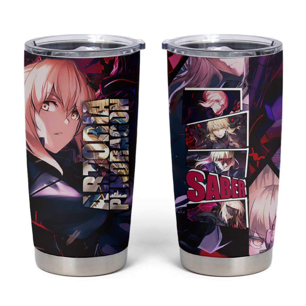 Saber Artoria Pendragon Dark Armor Theme Tumbler Cup with Red and Purple Abstract Background Design - The Mazicc