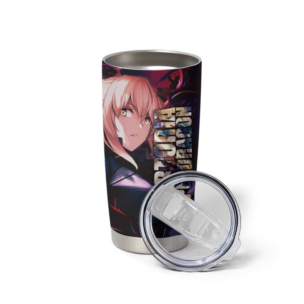 Saber Artoria Pendragon Dark Armor Theme Tumbler Cup with Red and Purple Abstract Background Design - The Mazicc