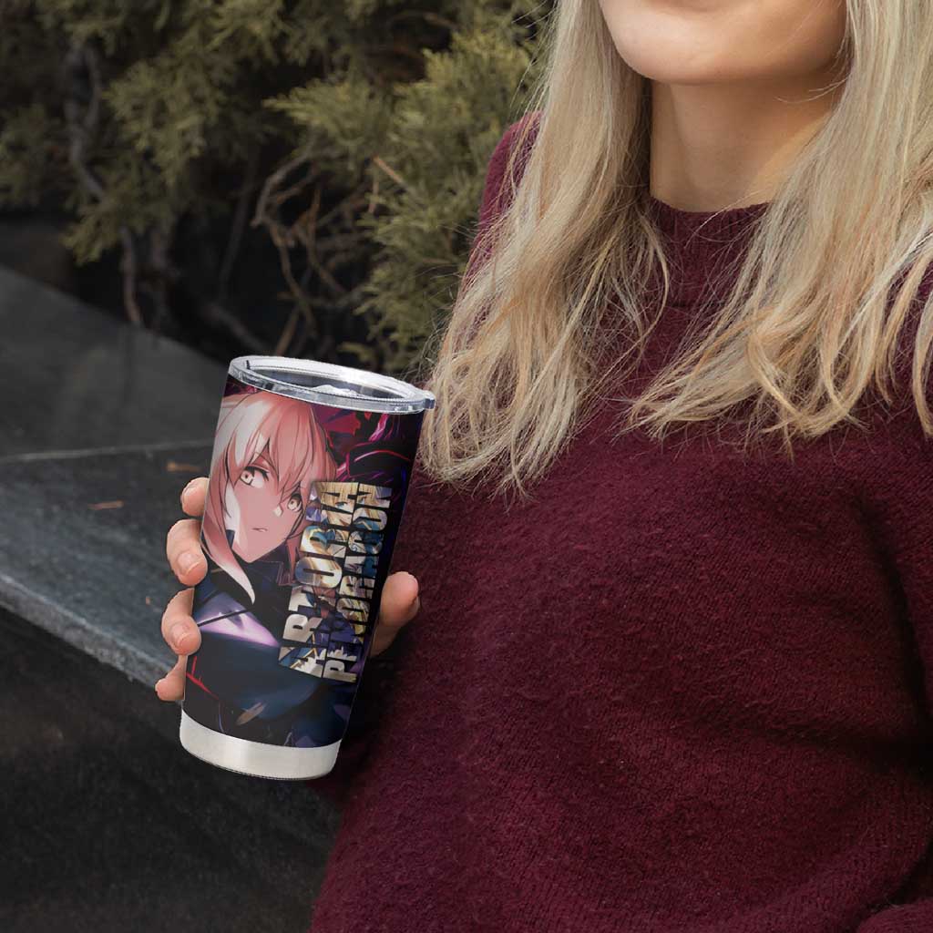 Saber Artoria Pendragon Dark Armor Theme Tumbler Cup with Red and Purple Abstract Background Design - The Mazicc