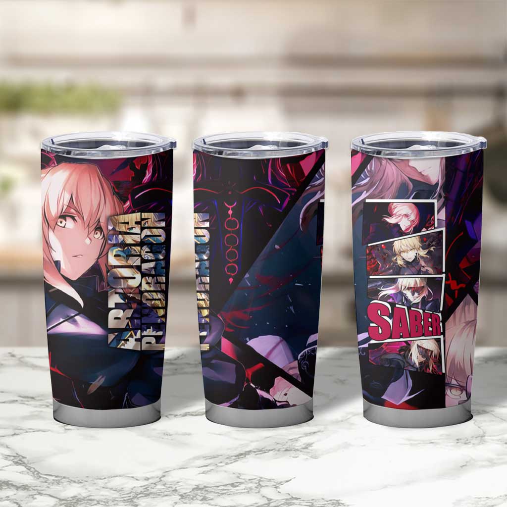 Saber Artoria Pendragon Dark Armor Theme Tumbler Cup with Red and Purple Abstract Background Design - The Mazicc