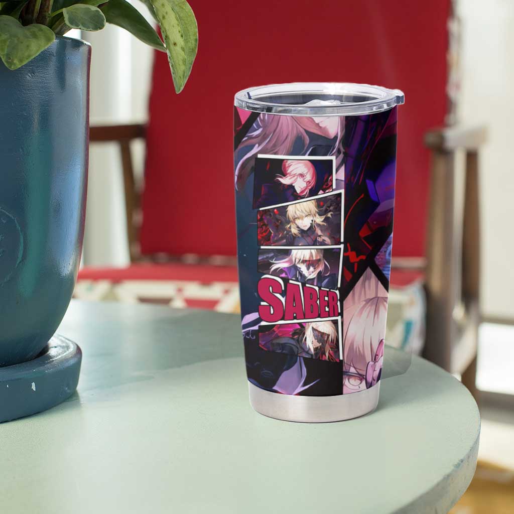 Saber Artoria Pendragon Dark Armor Theme Tumbler Cup with Red and Purple Abstract Background Design - The Mazicc
