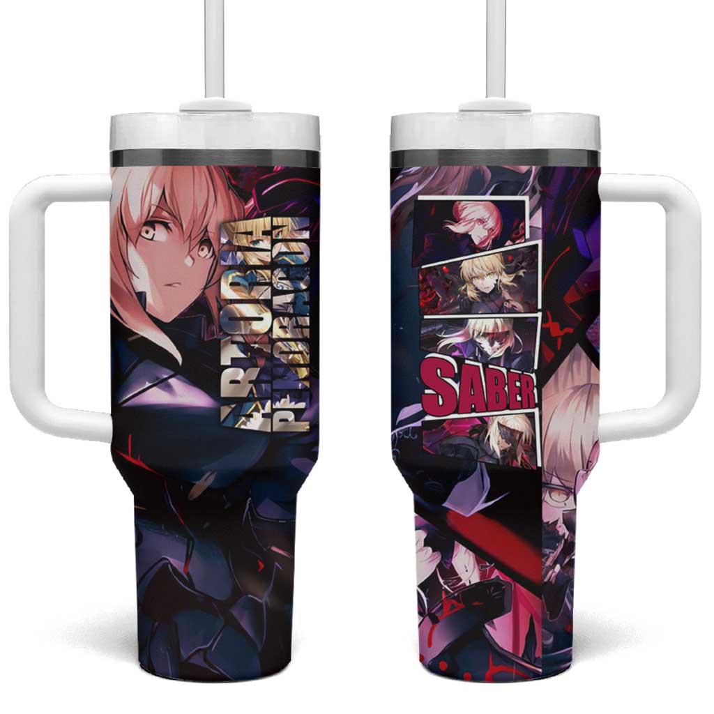 Saber Artoria Pendragon Dark Armor Theme Tumbler With Handle with Red and Purple Abstract Background Design - The Mazicc
