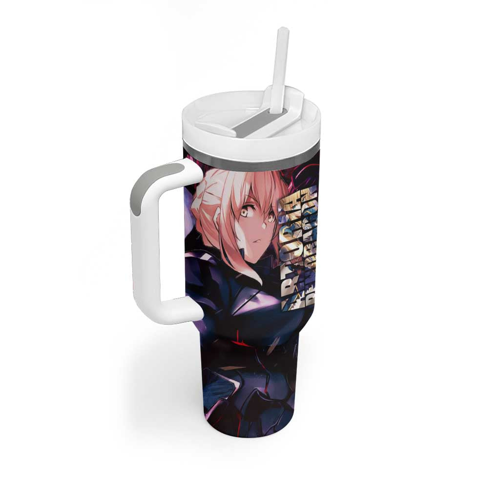 Saber Artoria Pendragon Dark Armor Theme Tumbler With Handle with Red and Purple Abstract Background Design - The Mazicc