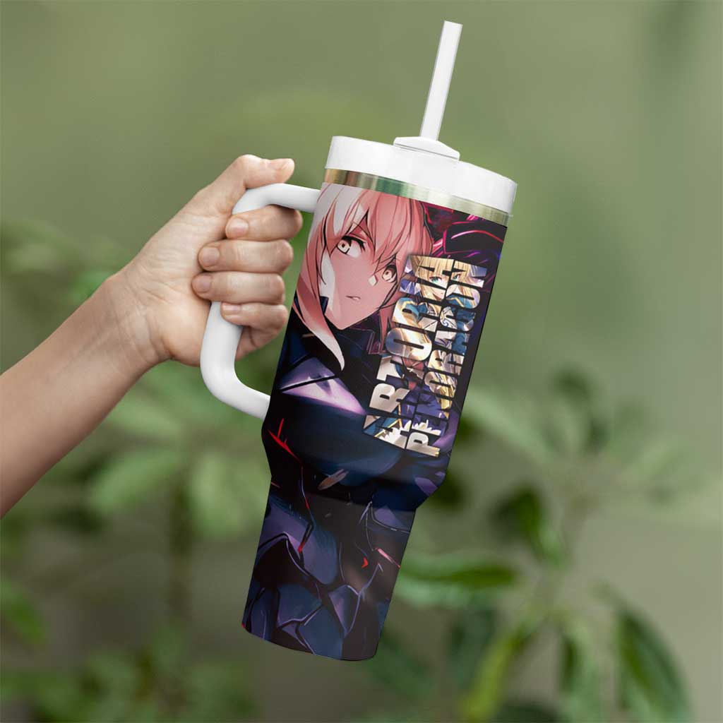 Saber Artoria Pendragon Dark Armor Theme Tumbler With Handle with Red and Purple Abstract Background Design - The Mazicc