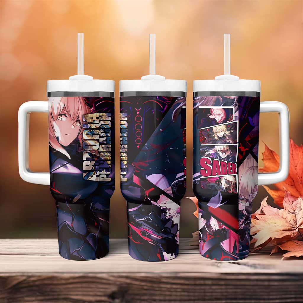 Saber Artoria Pendragon Dark Armor Theme Tumbler With Handle with Red and Purple Abstract Background Design - The Mazicc