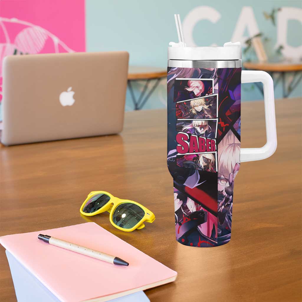 Saber Artoria Pendragon Dark Armor Theme Tumbler With Handle with Red and Purple Abstract Background Design - The Mazicc