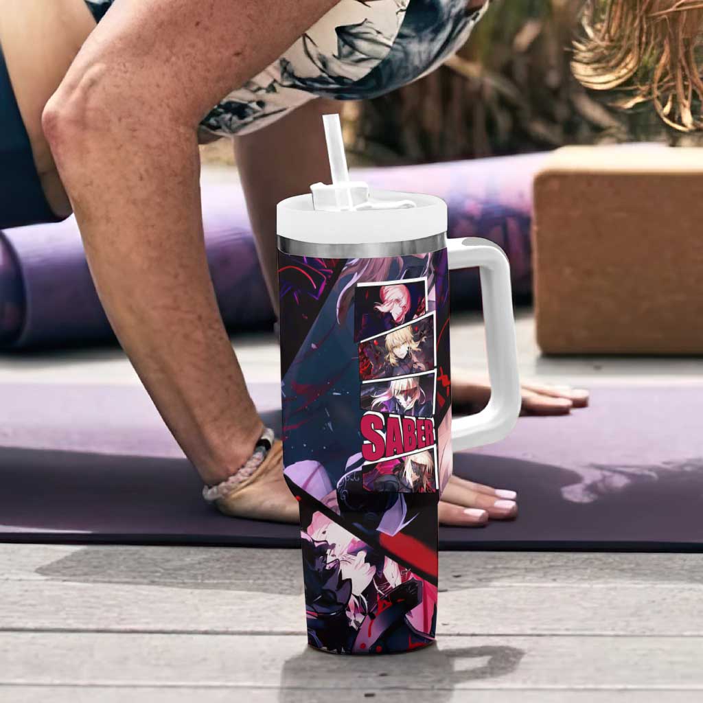 Saber Artoria Pendragon Dark Armor Theme Tumbler With Handle with Red and Purple Abstract Background Design - The Mazicc