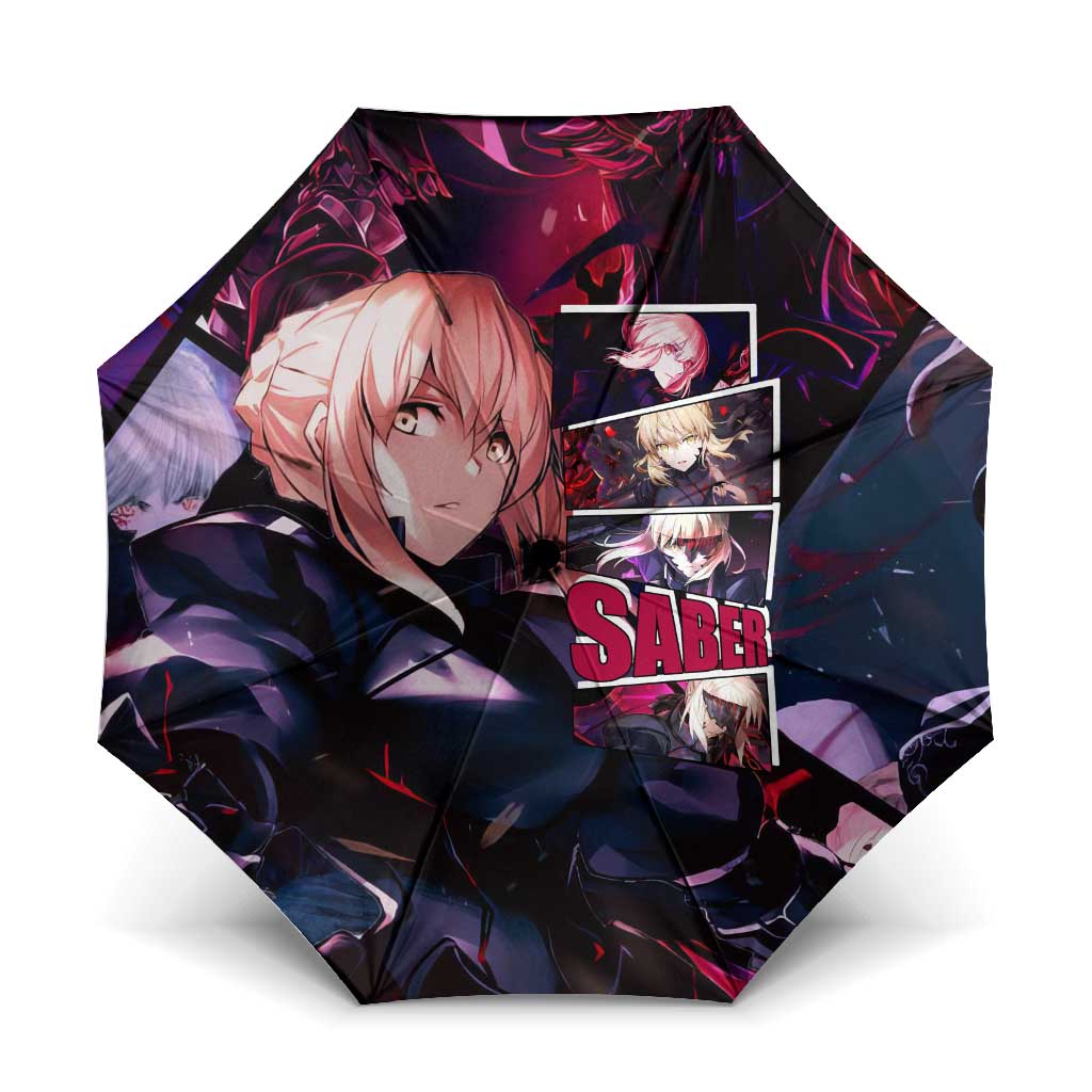Saber Artoria Pendragon Dark Armor Theme Umbrella with Red and Purple Abstract Background Design - The Mazicc