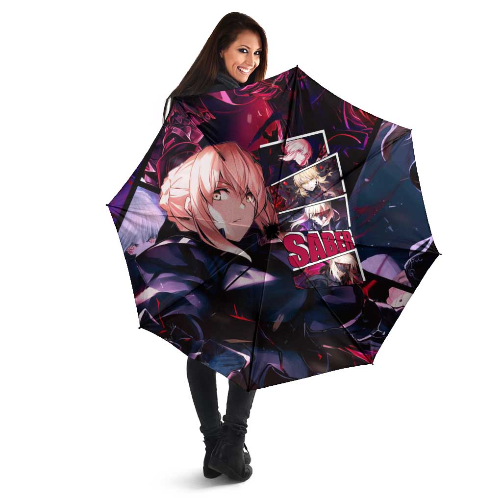 Saber Artoria Pendragon Dark Armor Theme Umbrella with Red and Purple Abstract Background Design - The Mazicc