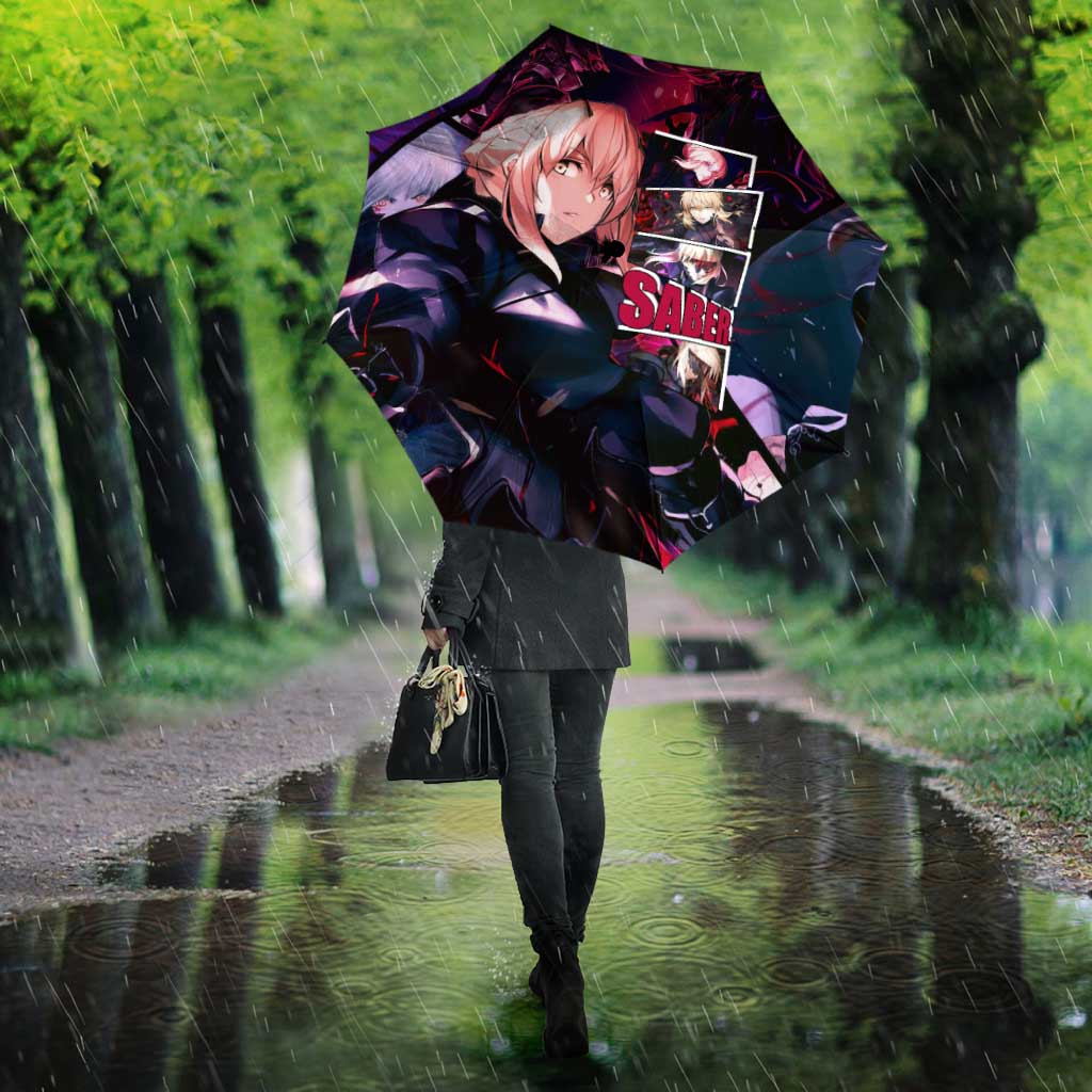 Saber Artoria Pendragon Dark Armor Theme Umbrella with Red and Purple Abstract Background Design - The Mazicc
