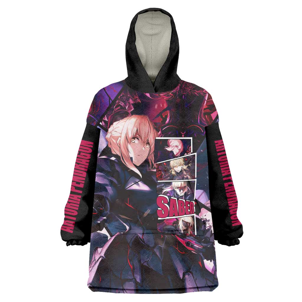 Saber Artoria Pendragon Dark Armor Theme Wearable Blanket Hoodie with Red and Purple Abstract Background Design - The Mazicc