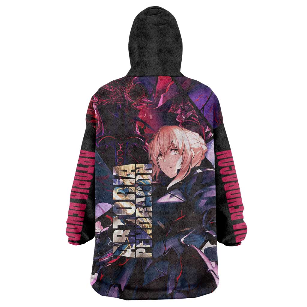 Saber Artoria Pendragon Dark Armor Theme Wearable Blanket Hoodie with Red and Purple Abstract Background Design - The Mazicc