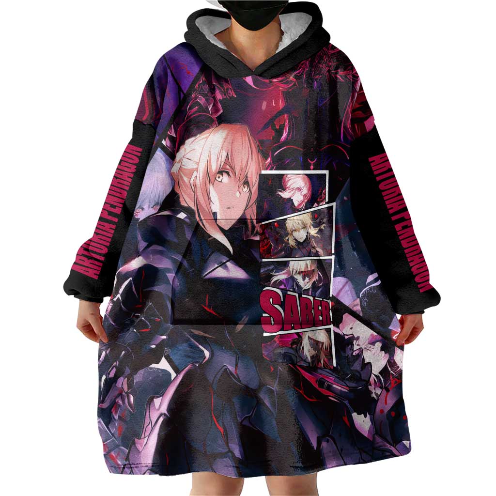 Saber Artoria Pendragon Dark Armor Theme Wearable Blanket Hoodie with Red and Purple Abstract Background Design - The Mazicc