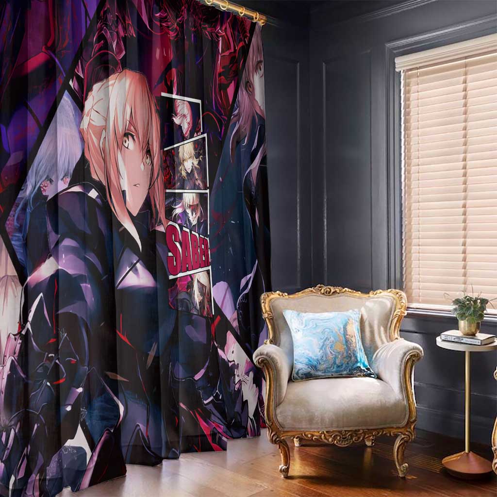 Saber Artoria Pendragon Dark Armor Theme Window Curtain with Red and Purple Abstract Background Design - The Mazicc