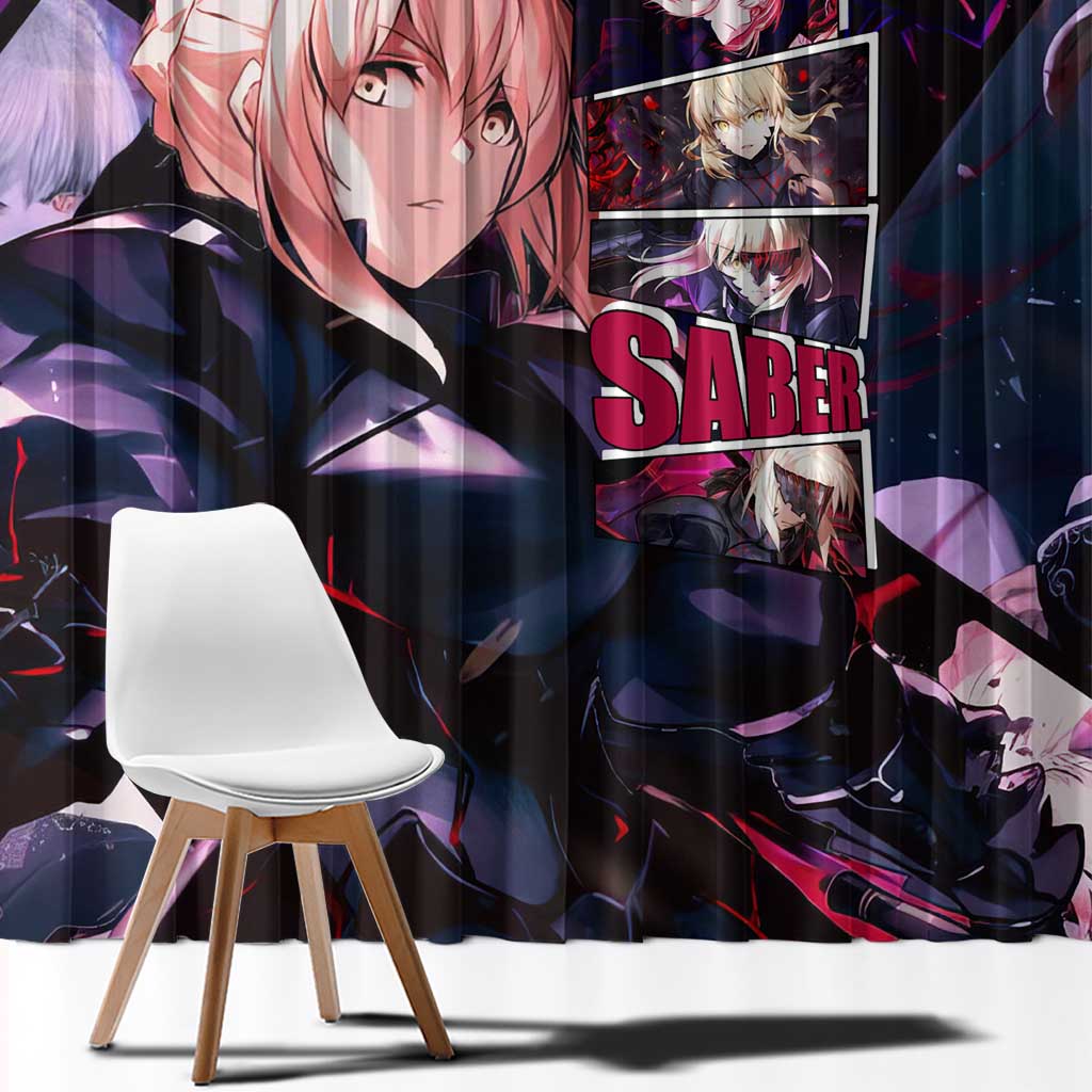Saber Artoria Pendragon Dark Armor Theme Window Curtain with Red and Purple Abstract Background Design - The Mazicc