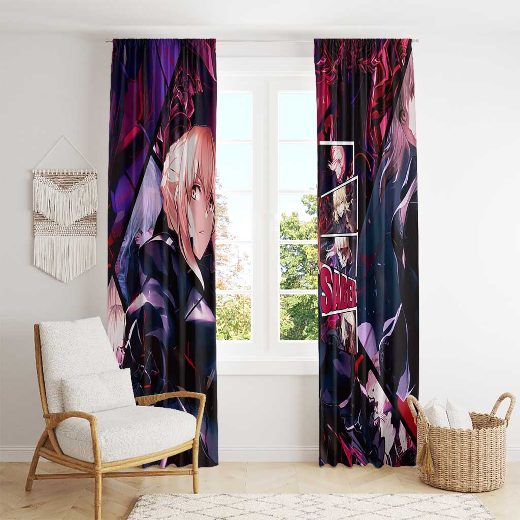 Saber Artoria Pendragon Dark Armor Theme Window Curtain with Red and Purple Abstract Background Design - The Mazicc