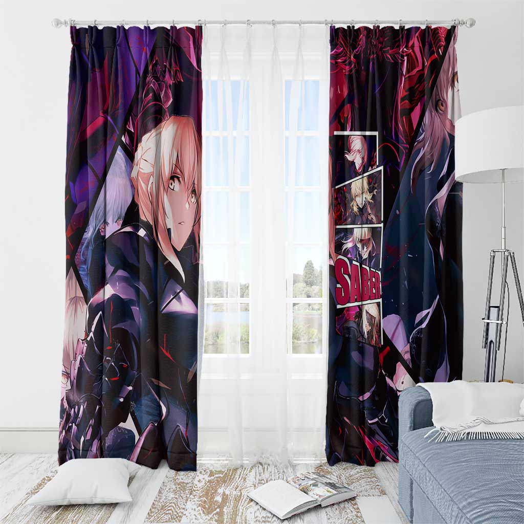 Saber Artoria Pendragon Dark Armor Theme Window Curtain with Red and Purple Abstract Background Design - The Mazicc
