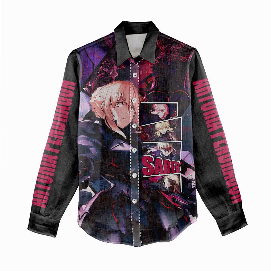 Saber Artoria Pendragon Dark Armor Theme Women Casual Shirt with Red and Purple Abstract Background Design - The Mazicc