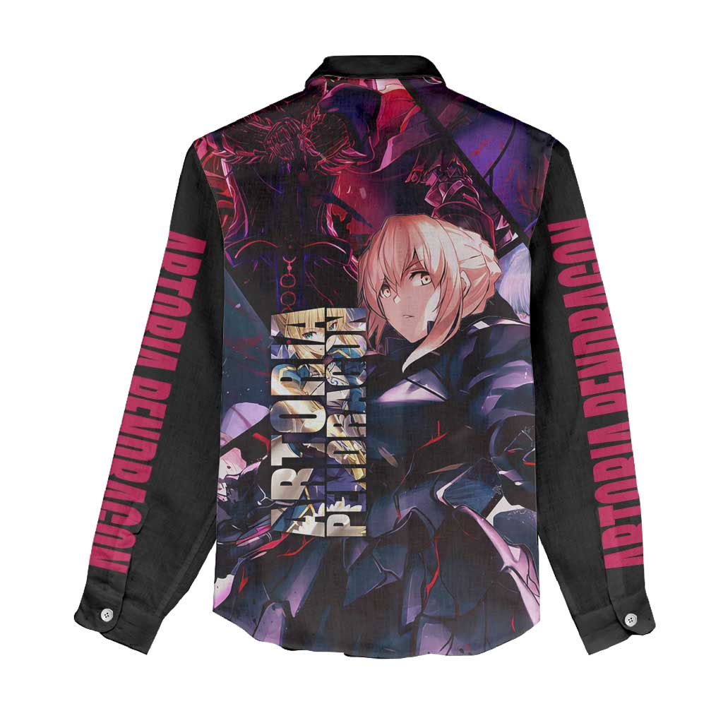Saber Artoria Pendragon Dark Armor Theme Women Casual Shirt with Red and Purple Abstract Background Design - The Mazicc