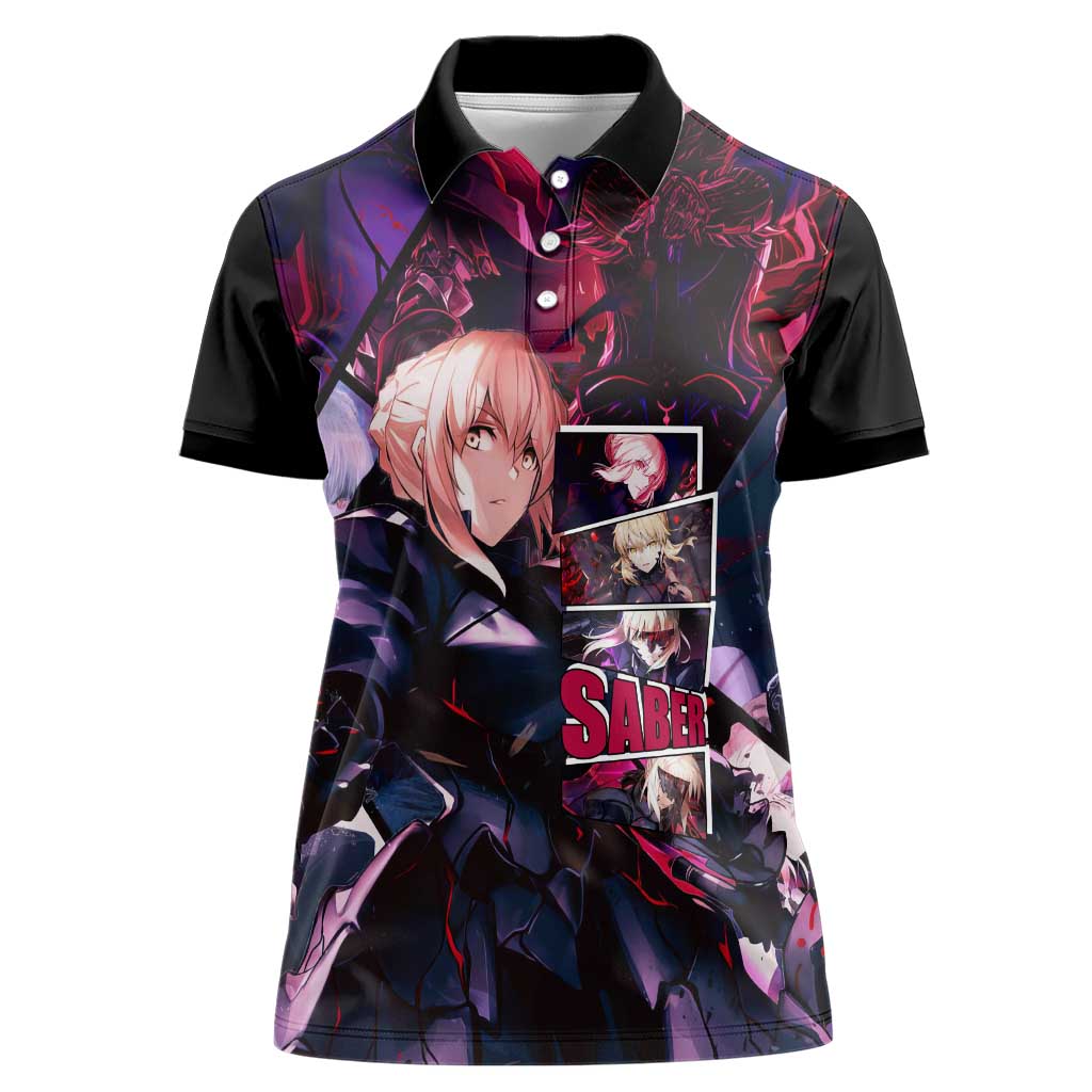 Saber Artoria Pendragon Dark Armor Theme Women Polo Shirt with Red and Purple Abstract Background Design - The Mazicc