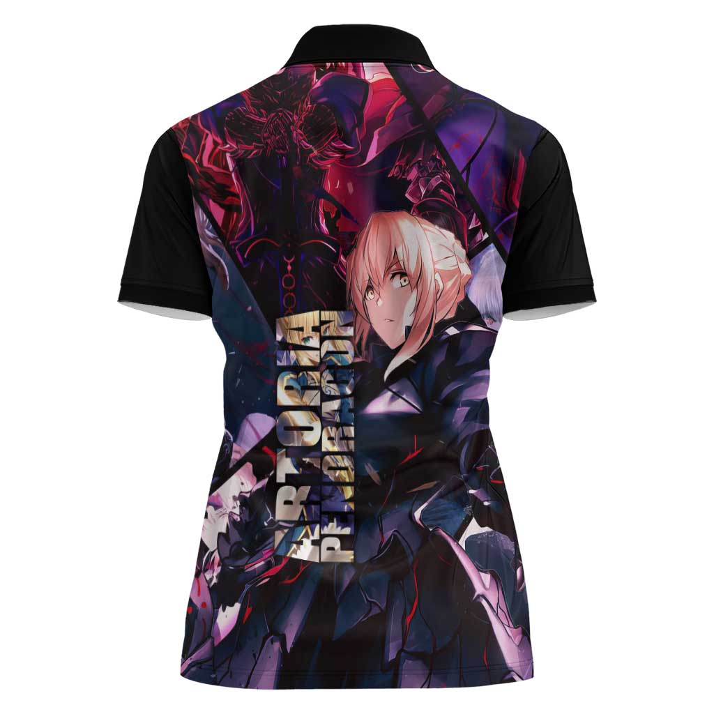 Saber Artoria Pendragon Dark Armor Theme Women Polo Shirt with Red and Purple Abstract Background Design - The Mazicc