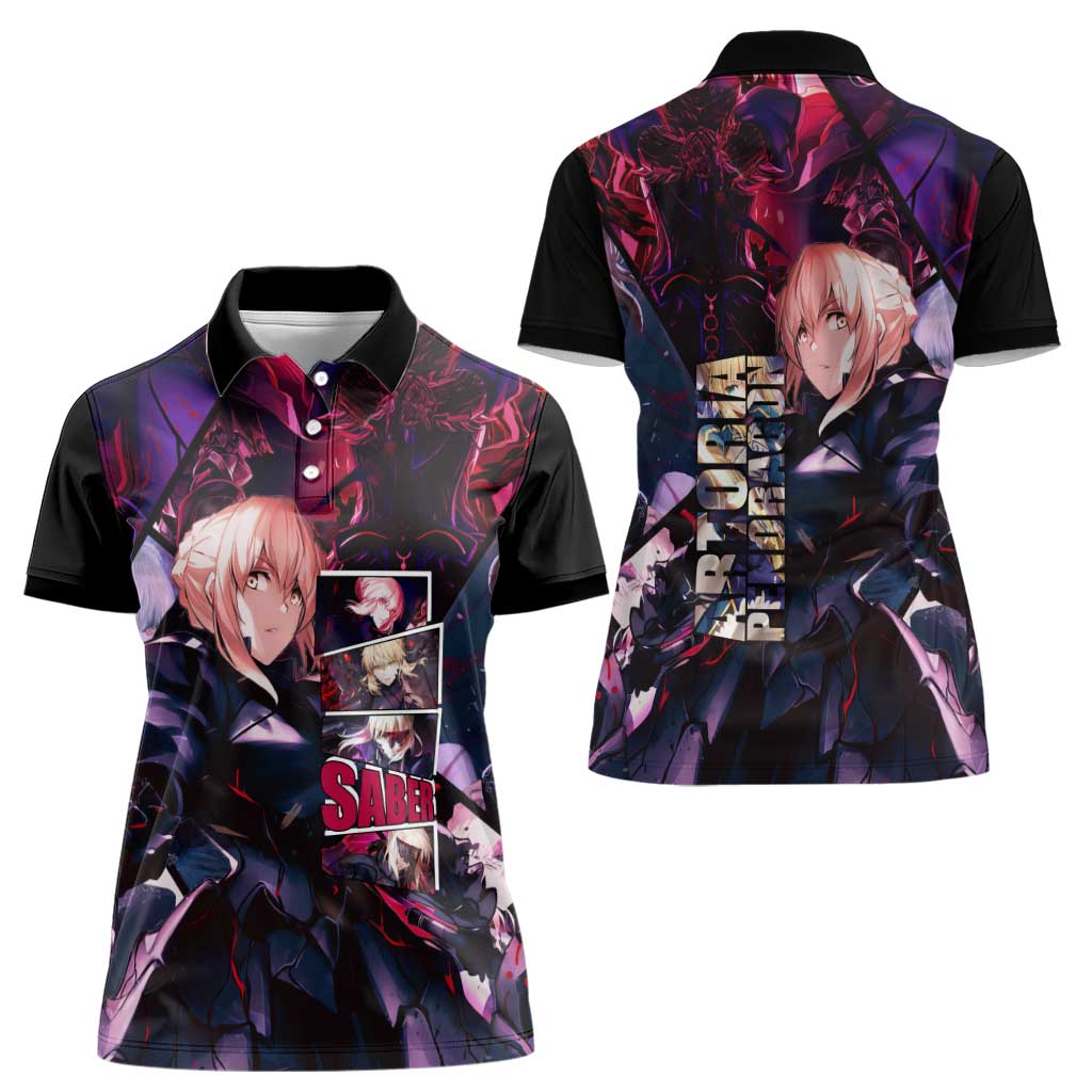 Saber Artoria Pendragon Dark Armor Theme Women Polo Shirt with Red and Purple Abstract Background Design - The Mazicc