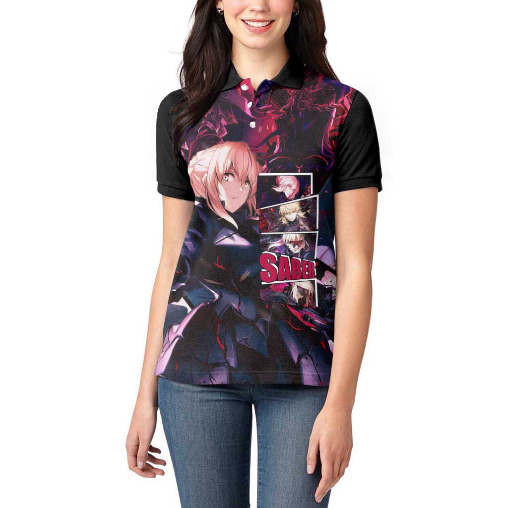 Saber Artoria Pendragon Dark Armor Theme Women Polo Shirt with Red and Purple Abstract Background Design - The Mazicc