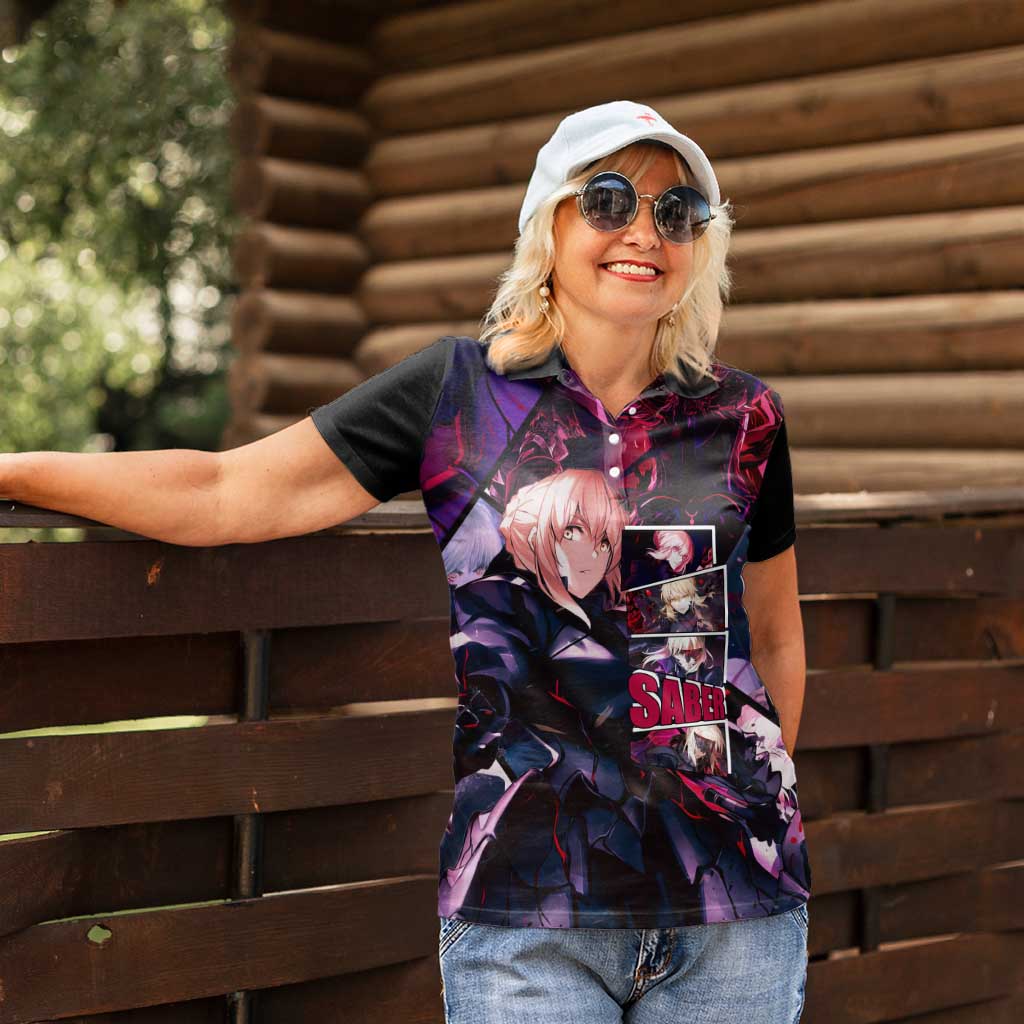 Saber Artoria Pendragon Dark Armor Theme Women Polo Shirt with Red and Purple Abstract Background Design - The Mazicc
