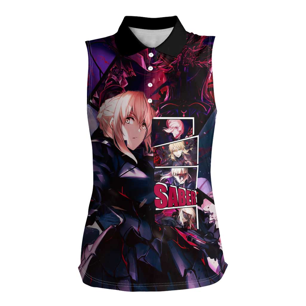 Saber Artoria Pendragon Dark Armor Theme Women Sleeveless Polo Shirt with Red and Purple Abstract Background Design - The Mazicc