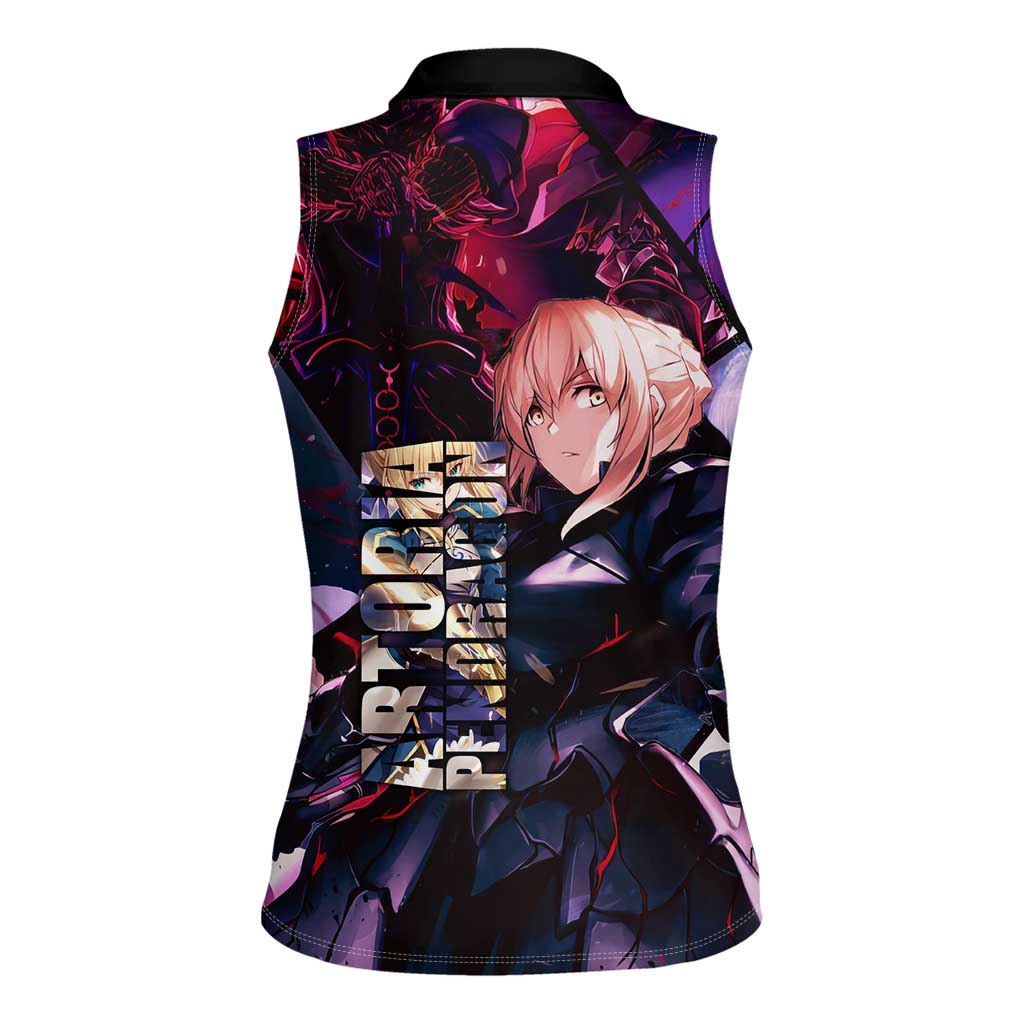 Saber Artoria Pendragon Dark Armor Theme Women Sleeveless Polo Shirt with Red and Purple Abstract Background Design - The Mazicc