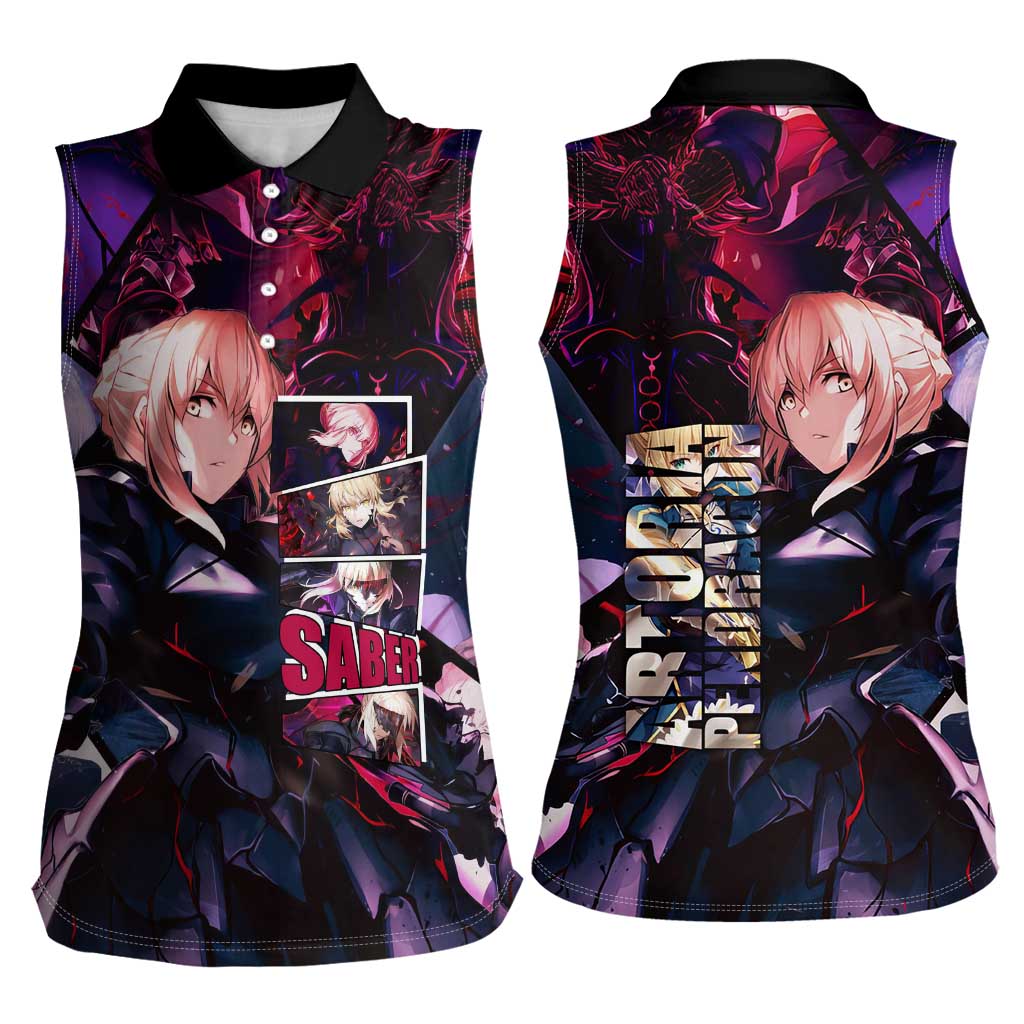 Saber Artoria Pendragon Dark Armor Theme Women Sleeveless Polo Shirt with Red and Purple Abstract Background Design - The Mazicc