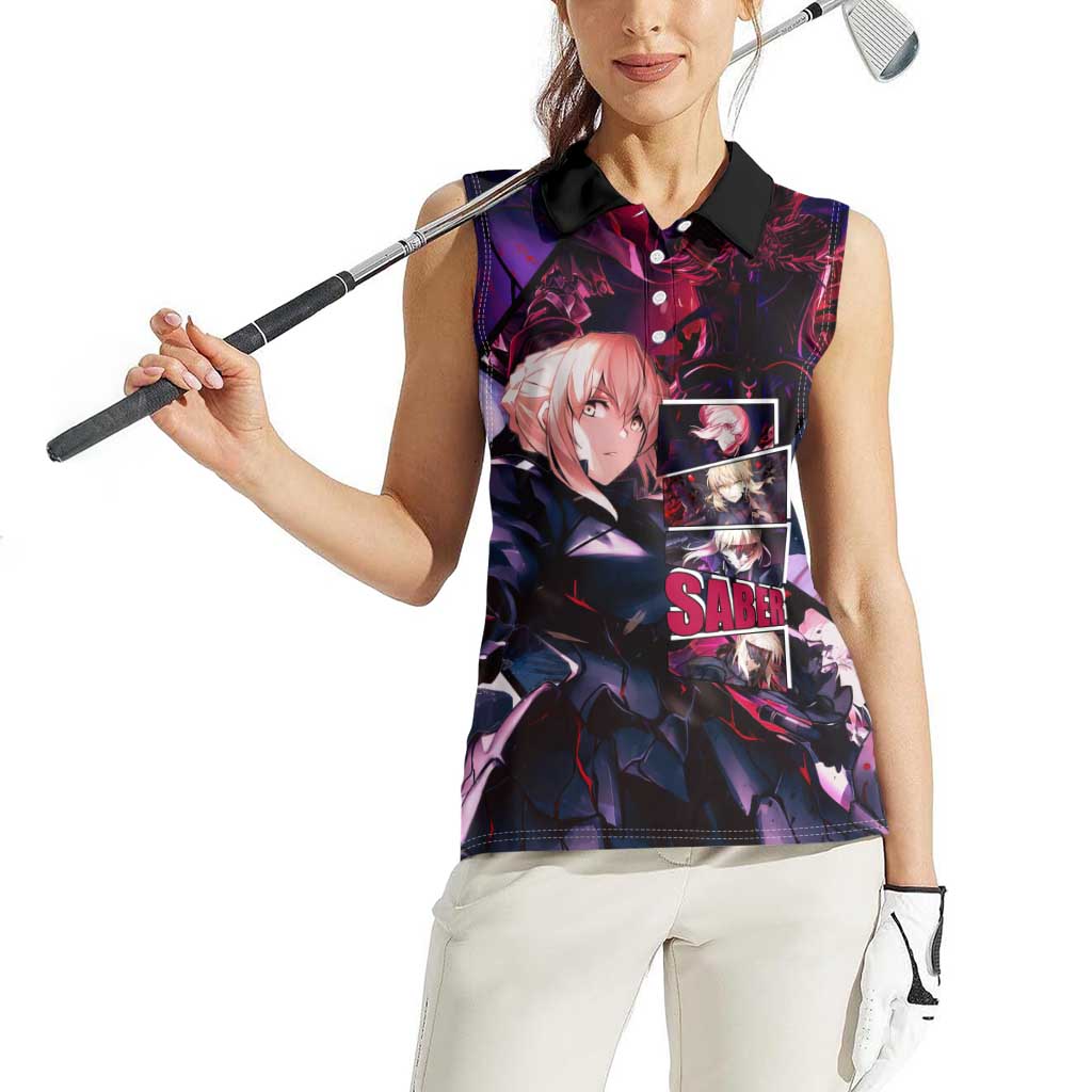Saber Artoria Pendragon Dark Armor Theme Women Sleeveless Polo Shirt with Red and Purple Abstract Background Design - The Mazicc