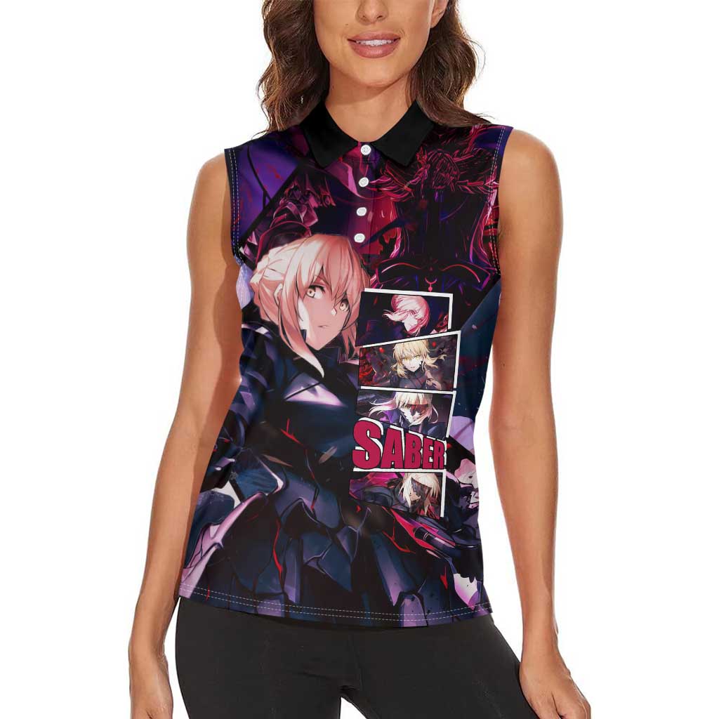 Saber Artoria Pendragon Dark Armor Theme Women Sleeveless Polo Shirt with Red and Purple Abstract Background Design - The Mazicc