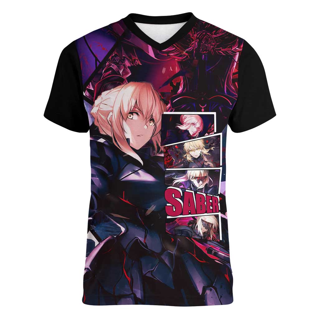 Saber Artoria Pendragon Dark Armor Theme Women V-Neck T-Shirt with Red and Purple Abstract Background Design - The Mazicc