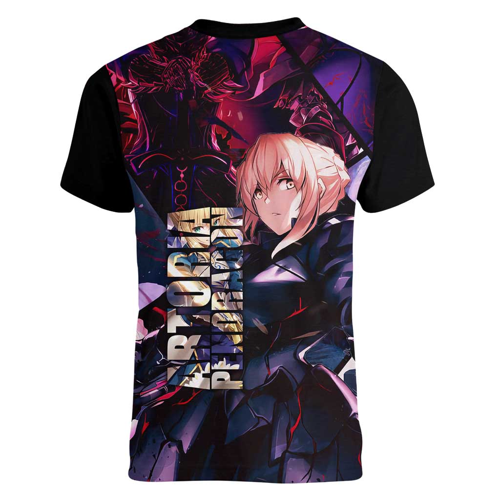 Saber Artoria Pendragon Dark Armor Theme Women V-Neck T-Shirt with Red and Purple Abstract Background Design - The Mazicc