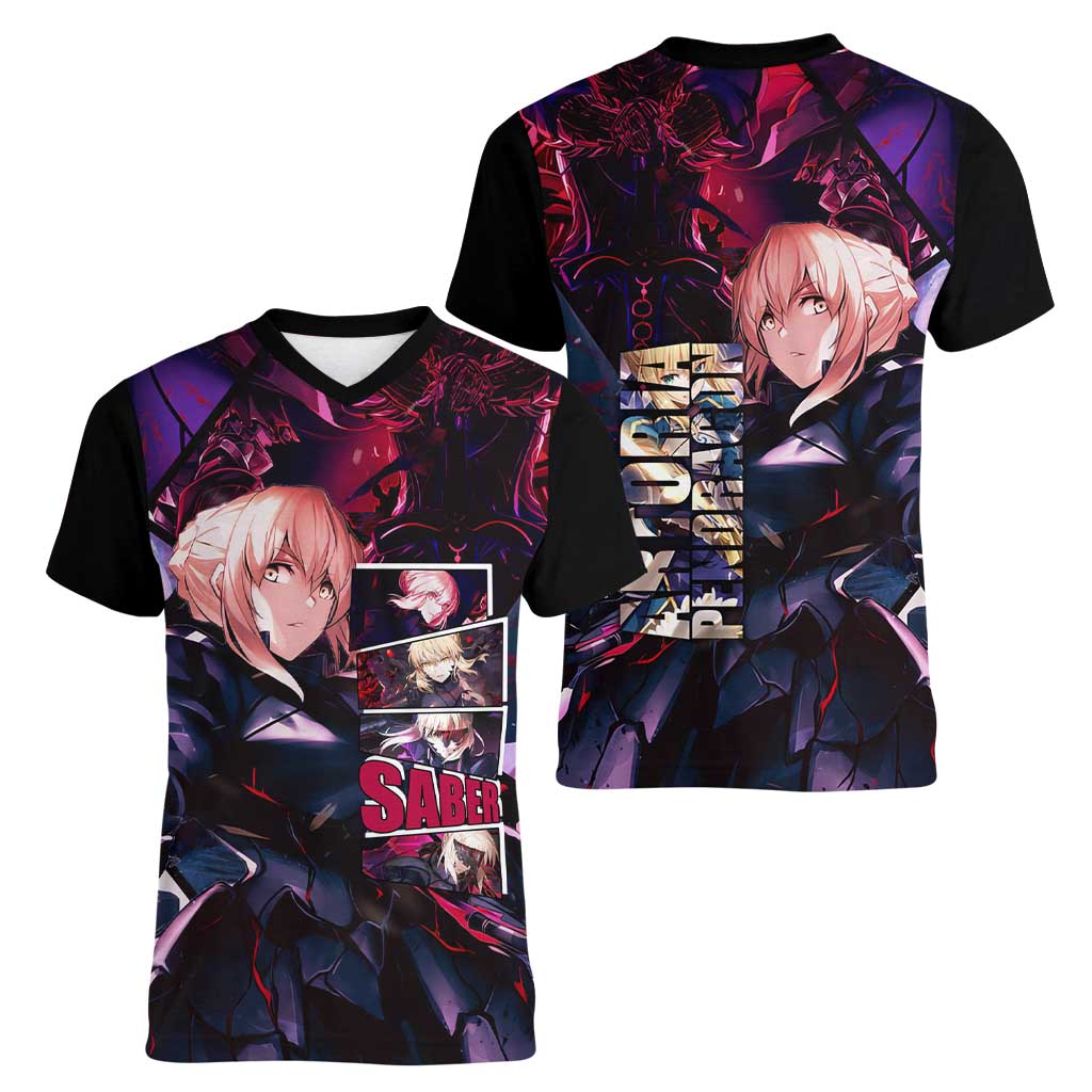 Saber Artoria Pendragon Dark Armor Theme Women V-Neck T-Shirt with Red and Purple Abstract Background Design - The Mazicc