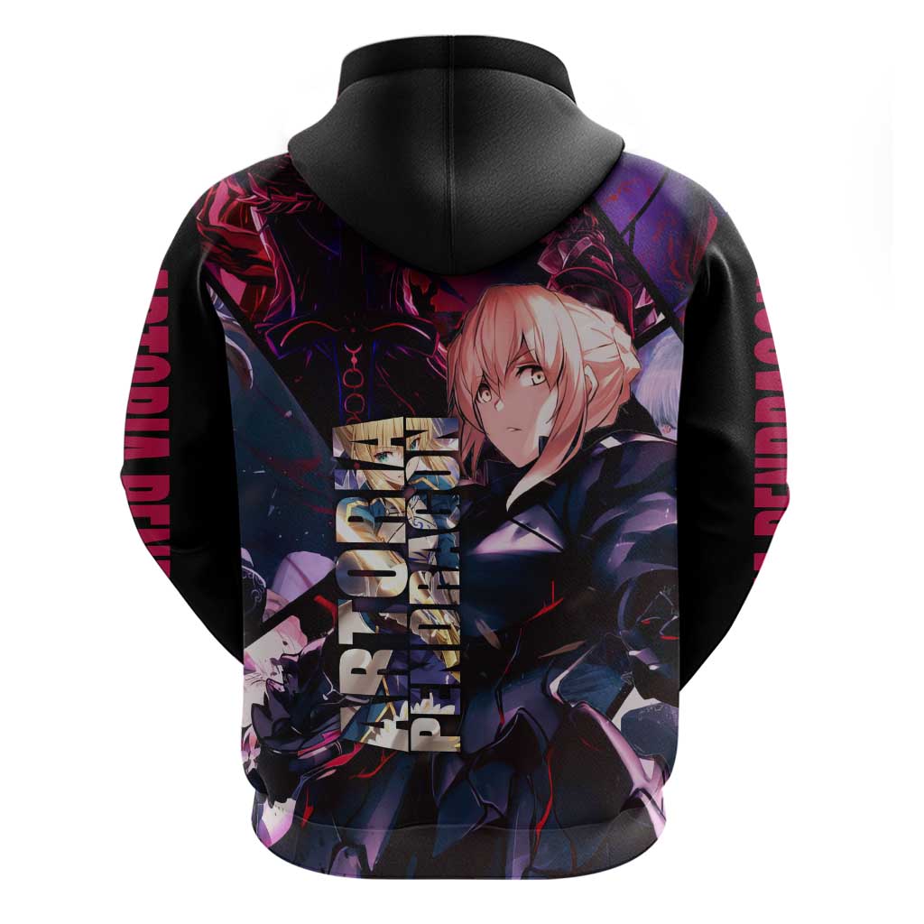 Saber Artoria Pendragon Dark Armor Theme Zip Hoodie with Red and Purple Abstract Background Design - The Mazicc