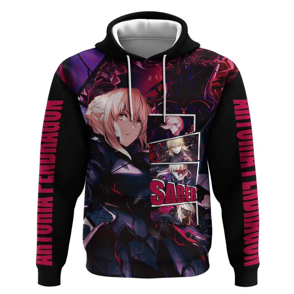 Saber Artoria Pendragon Dark Armor Theme Zip Hoodie with Red and Purple Abstract Background Design - The Mazicc