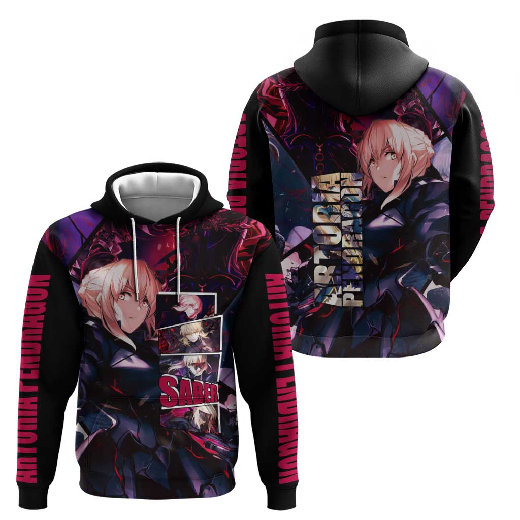 Saber Artoria Pendragon Dark Armor Theme Zip Hoodie with Red and Purple Abstract Background Design - The Mazicc